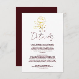 Trendy Deep Burgundy Gold Monogram Wedding Details Tilläggskort