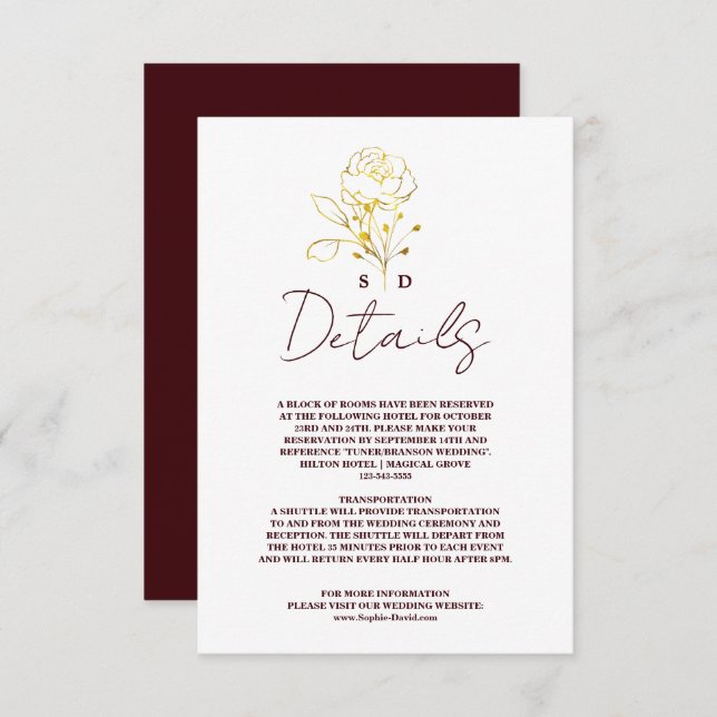 Trendy Deep Burgundy Gold Monogram Wedding Details Tilläggskort (Fram/baksida)
