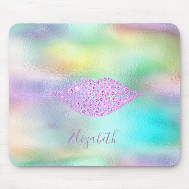 Trendy Diamonds Lips Rainbow  Holografisk Musmatta (Framsidan)