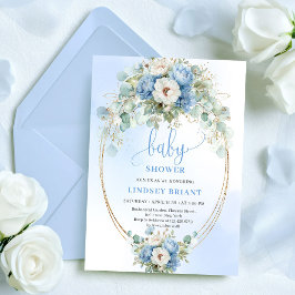 Trendy Dusty Blue Flowers Gold Baby Shower Card Inbjudningar