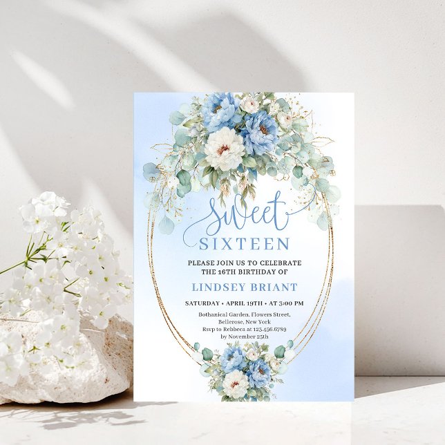 Trendy Dusty Blue Peonies Gold Sweet Sixteen Party Inbjudningar (Trendy Dusty Blue Peonies Gold Sweet Sixteen Party Invite)