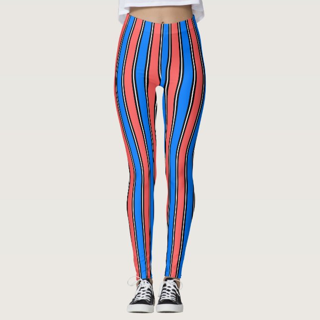  Trendy Electric Blue And Coral Vertical Striped Leggings (Framsida)