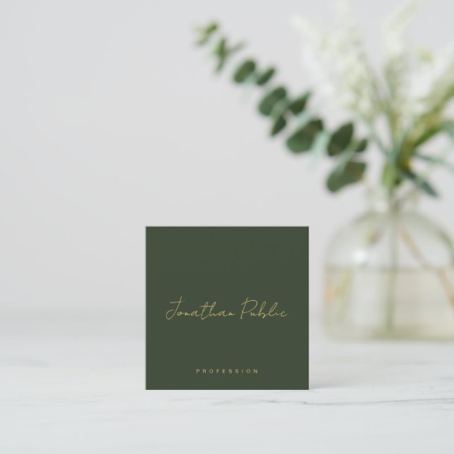 Trendy Elegant Dark Green Handwritten Gold Text Fyrkantigt Visitkort (Stående Fram)