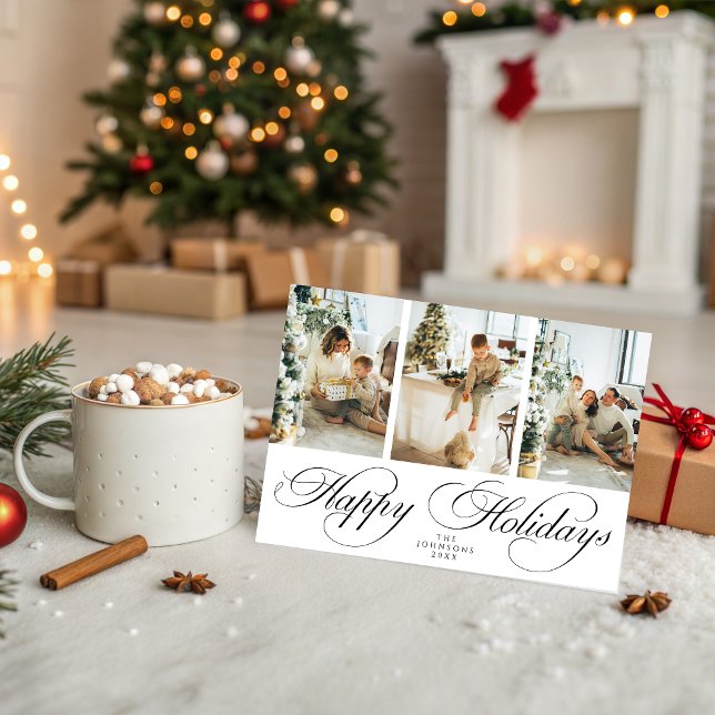 Trendy Elegant Script 3 Photo Collage Christmas Julkort (Skapare uppladdad)