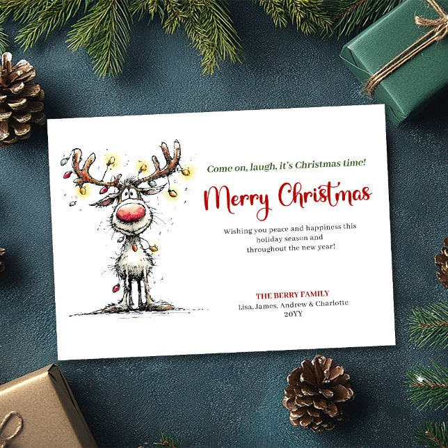 Trendy Funny Reindeer Holiday Greeting Design Julkort (Trendy Funny Reindeer Holiday Greeting Design)