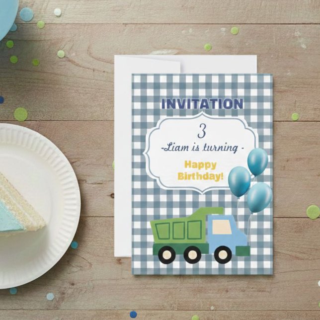 Trendy Gingham Blue Construction 3rd Birthday  Inbjudningar (Skapare uppladdad)