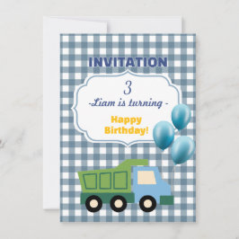 Trendy Gingham Blue Construction 3rd Birthday  Inbjudningar