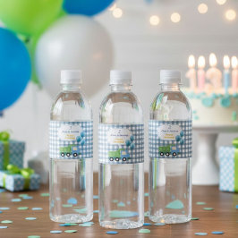 Trendy Gingham Blue Construction 3rd Birthday  Vattenflaskor Etikett