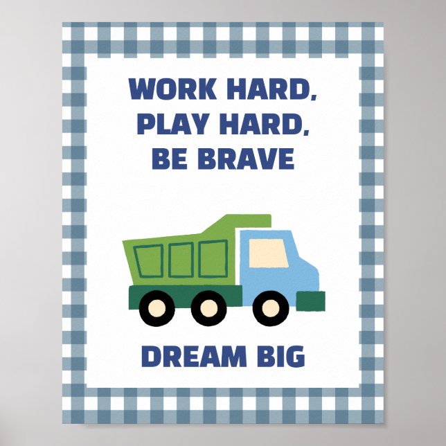 Trendy Gingham Blue Work Hard Play Hard Boys Room  Poster (Framsidan)