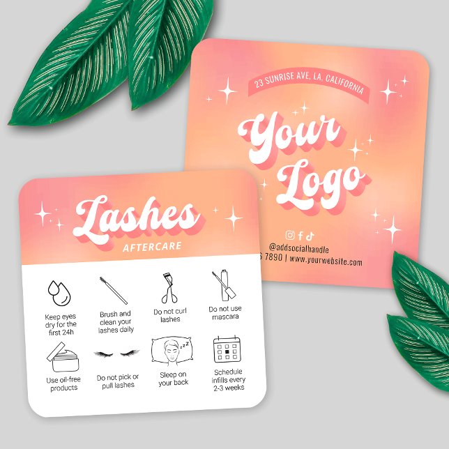 Trendy Girly Peach Lash Extensions Aftercare Cards Fyrkantigt Visitkort (Lash extensions aftercare instructions cards in trendy groovy style with your logo and custom text)