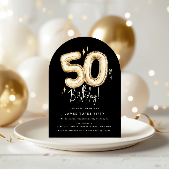 Trendy Gold Fifty Balloons 50th Birthday Party Inbjudningar (Skapare uppladdad)