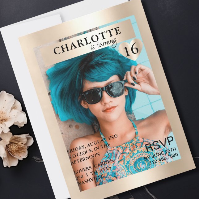 Trendy Gold Magazine Cover-Photo Inspirierte Inbjudningar (Trendy Gold Magazine Cover-Photo Inspired Invitation)