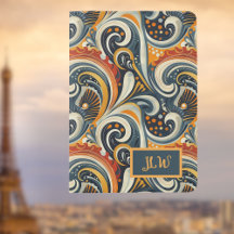 Trendy Hip Retro Orange Deep Teal Swirls Monogram 