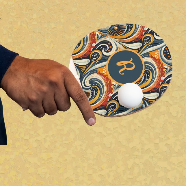 Trendy Hip Retro Orange Deep Teal Swirls Monogram  Pingisracket (Skapare uppladdad)