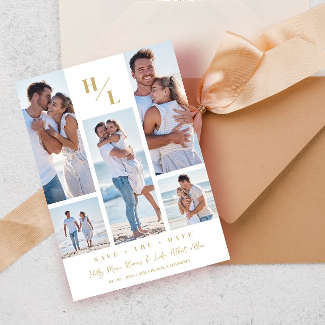 Trendy Initials Original Collage Wedding 5 Photos Spara Datumet (Trendy Initials Original White Collage Wedding 5 Multi Photos Save the Date with Envelope.)