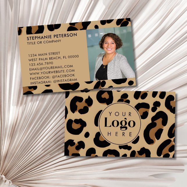 Trendy Leopard Print Custom Company Logo & Photo Visitkort (Skapare uppladdad)