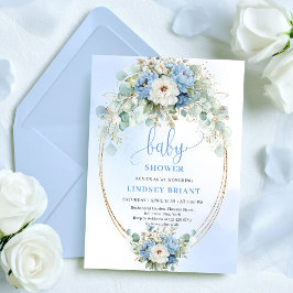 Trendy Light Blue Flowers Greenery Baby Shower  Inbjudningar