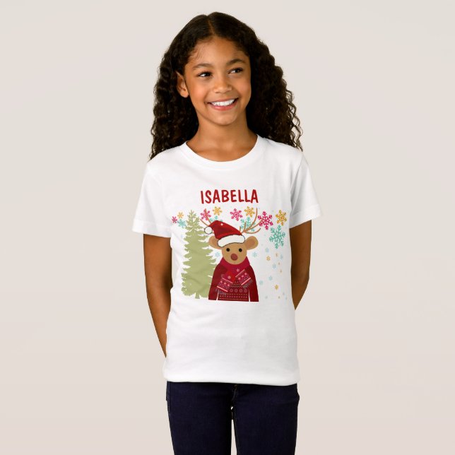 Trendy Matching Cute Red Nose Reindeer Christmas T Shirt (Hel framsida)