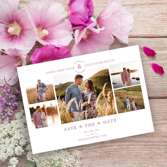 Trendy Minimal Pink/White 5 Multi Photos Collage Spara Datumet (Trendy Minimalist Pink/White 5 Multi Photos Collage Wedding Downloadable Save the Date)