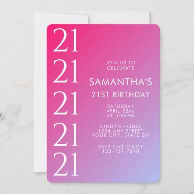 Trendy Modern Bold Pink Gradient 21st Birthday Inbjudningar (Framsida)