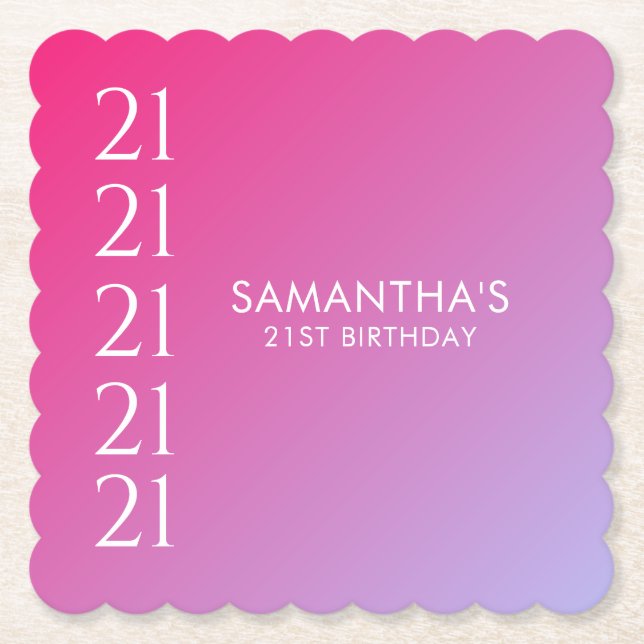 Trendy Modern Bold Pink Gradient 21st Birthday Underlägg Papper (Framsida)