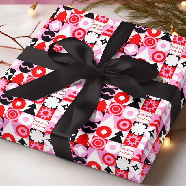 Trendy Modern Geometric Christmas Pattern Red Pink Presentpapper (Skapare uppladdad)
