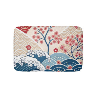 Trendy Modern Japanese Wave & Sakura Pattern Badrumsmatta