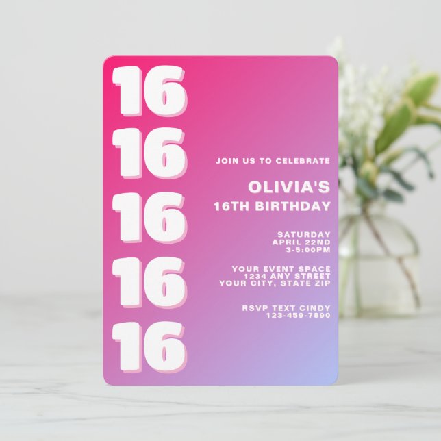 Trendy Modern Pink Gradient 16th Birthday Inbjudningar (Stående Fram)