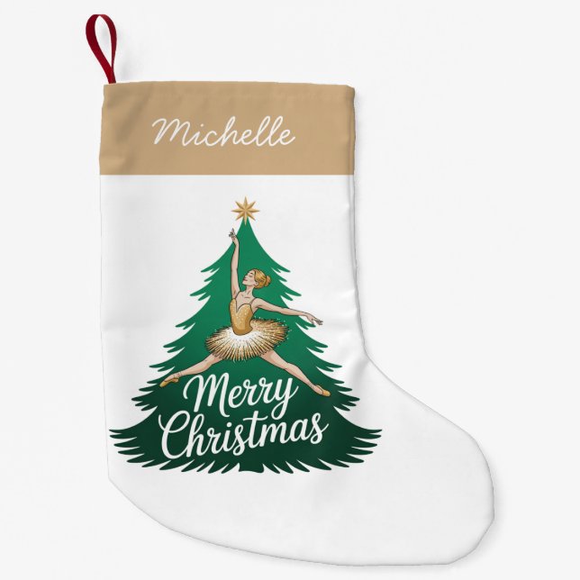 Trendy Personalized Ballerina Christmas Tree Gold Liten Julstrumpa (Framsidan)