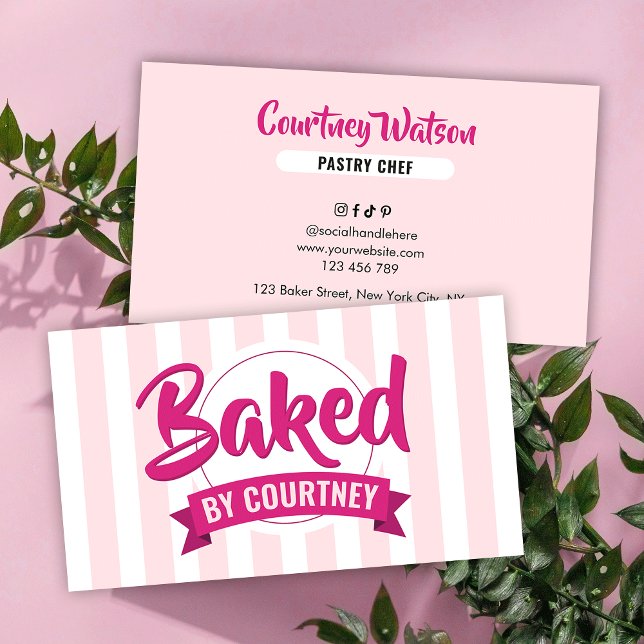 Trendy Pink Stripes Girly Bakery Chef Caterer Visitkort (Skapare uppladdad)
