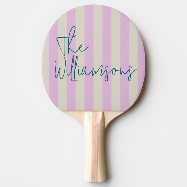 Trendy Pink White Stripes Custom Script Wedding Pingisracket (Framsidan)