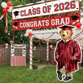 Trendy Red Bear Printable Graduation Party Decor Poster