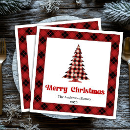 Trendy Red Black Plaid Tree Napkin Custom Name Pappersservett