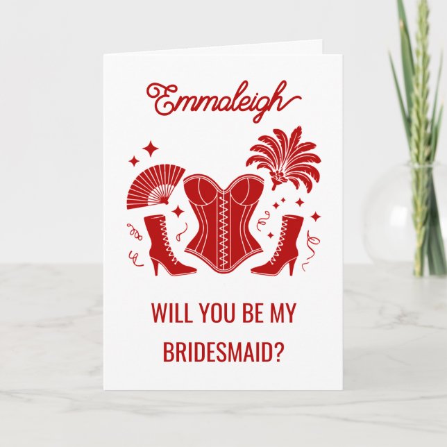 Trendy Red Las Vegas Showgirl Bridesmaid Proposal Kort (Framsida)