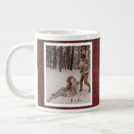 Trendy Red Plaid Rustic 2 Photo Christmas Gift Jumbo Mugg