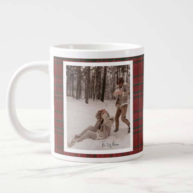 Trendy Red Plaid Rustic 2 Photo Christmas Gift Jumbo Mugg (Vänster)