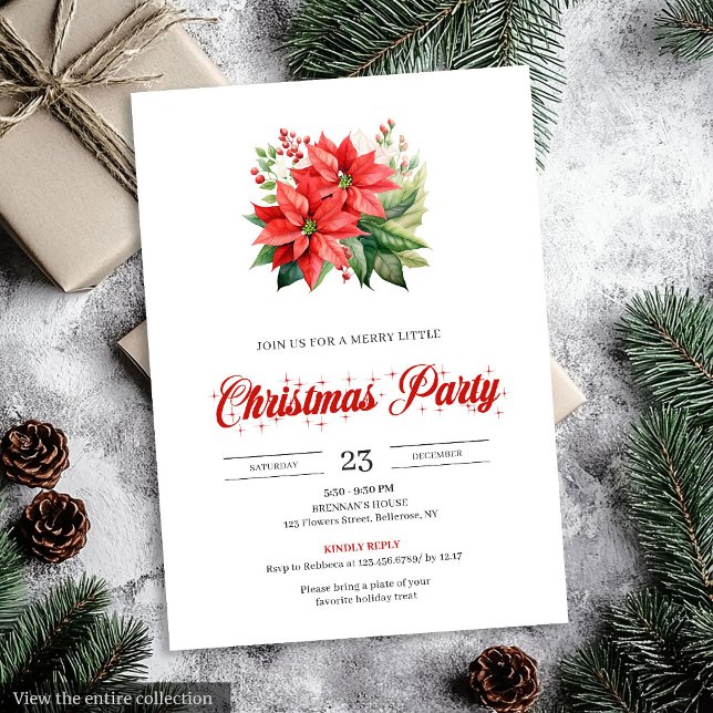 Trendy Red Poinsettia Holiday Party Christmas   Inbjudningar (Trendy Red Poinsettia Holiday Party Christmas Invitation)