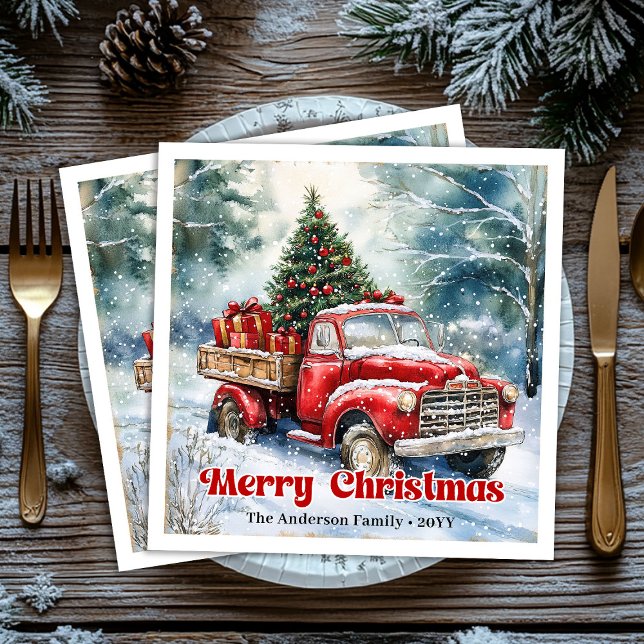 Trendy red truck Christmas scene rustic table  Pappersservett (Trendy red truck Christmas scene rustic table Paper Dinner Napkins)