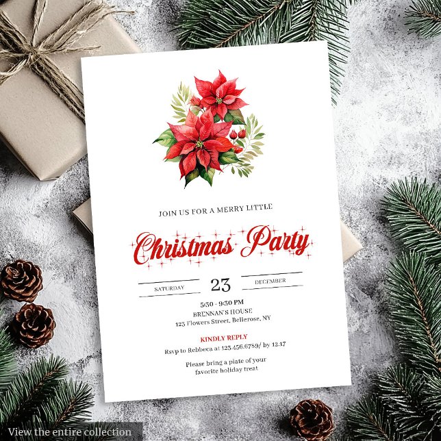 Trendy Red White Poinsettia Holiday Party Invites Inbjudningar (Trendy Red White Poinsettia Holiday Party Invitation)