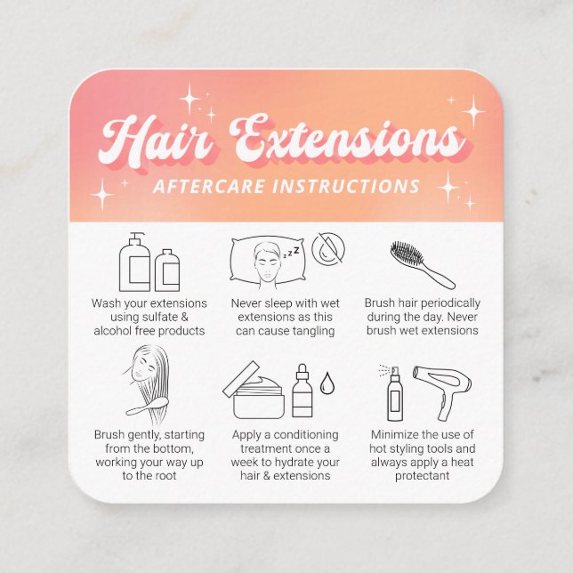 Trendy Retro Peach Logo Hair Extensions Aftercare Fyrkantigt Visitkort (Baksida)