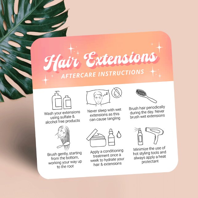 Trendy Retro Peach Logo Hair Extensions Aftercare Fyrkantigt Visitkort (Hair extensions aftercare instructions cards in trendy groovy style with your logo and custom text)