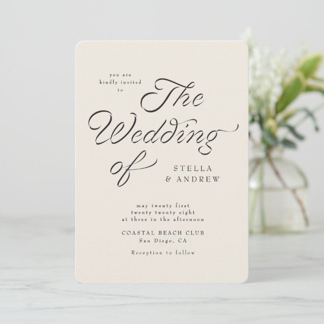 Trendy Ribbon Elegant Script Wedding Invitation Inbjudningar (Stående Fram)