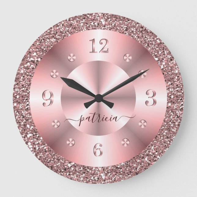 Trendy Rose Gold Glitter Sparkle Personalized Name Stor Klocka (Framsida)