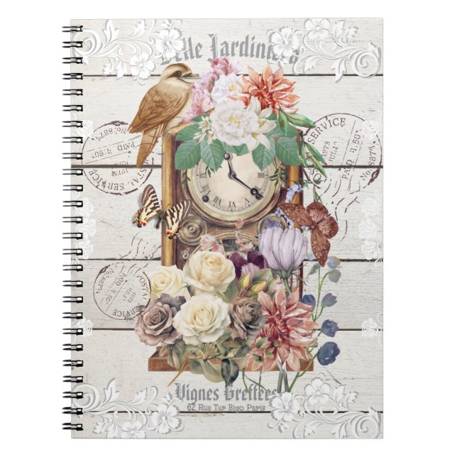 Trendy rustic antique clock French artwork Stamps Anteckningsbok (Framsidan)