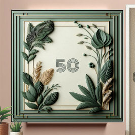 Trendy Sage Green Art Deco Leaves Botanical Number Kakelplatta