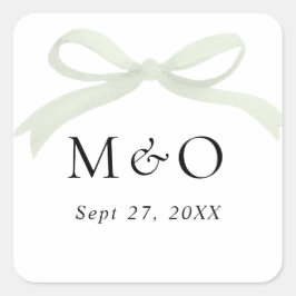Trendy Sage Green Bow Watercolor Monogram Wedding Fyrkantigt Klistermärke