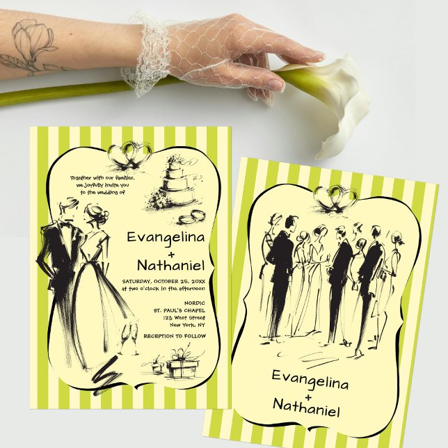 Trendy Scribble Stripes Whimsical Doodle Wedding Inbjudningar (Skapare uppladdad)