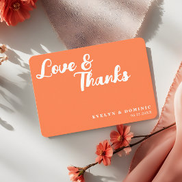 Trendy Script Coral Orange Love & Thanks Wedding Tack Kort