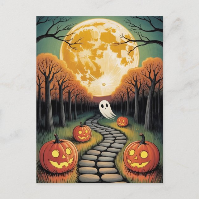 Trendy spooky Halloween Pumpkin Ghost Moon forest  Vykort (Framsida)