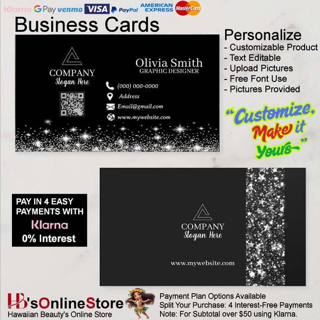 Trendy Stars & Sparkles QR Code Black Networking Visitkort (Trendy Stars & Sparkles QR Code Black Networking Business Cards.
)